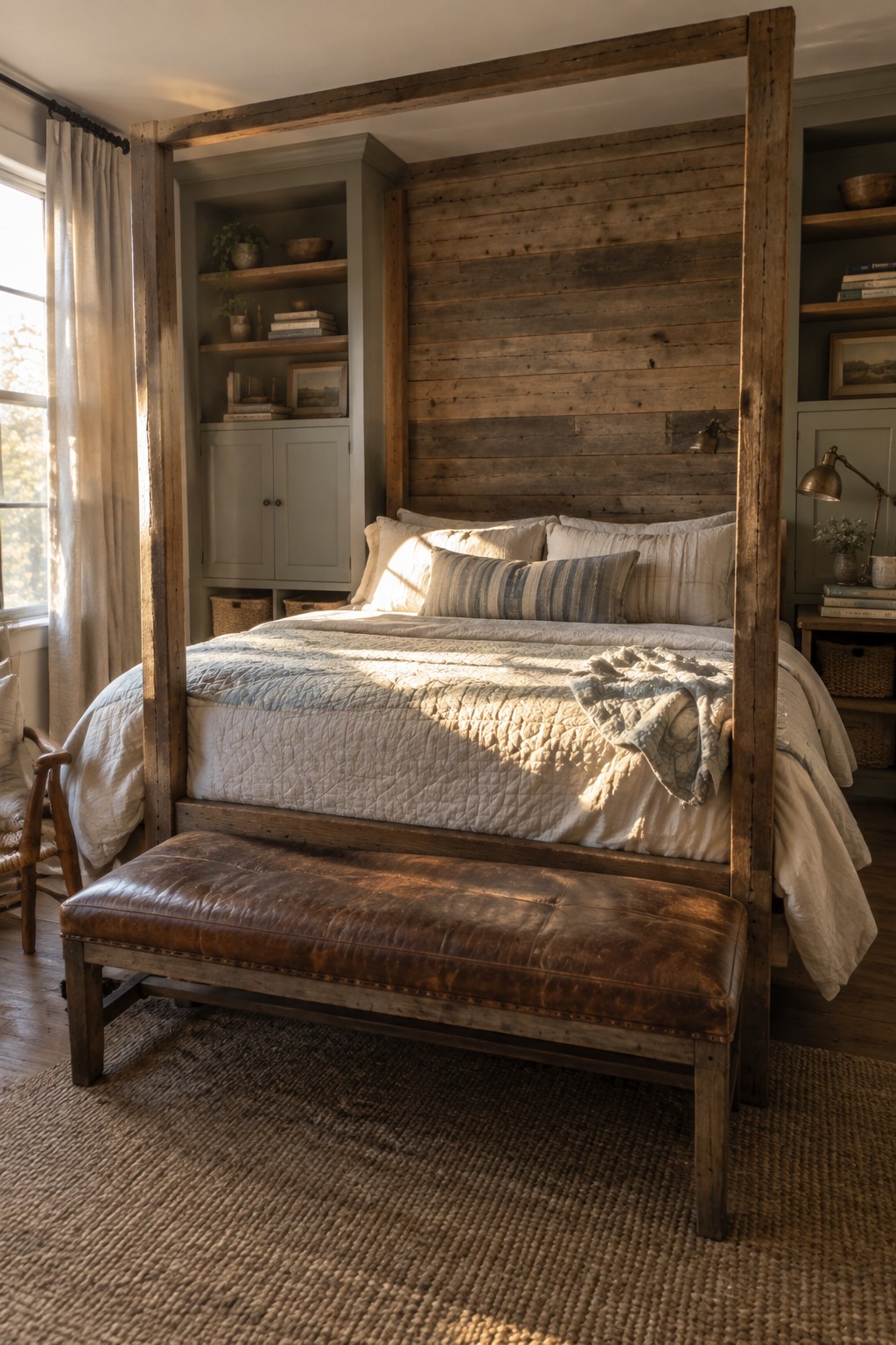 A bedroom featuring a large wooden bed frame with built-in shelves and cabinets on both sides of the bed, a wooden accent wall behind it, and a brown leather bench at the foot.