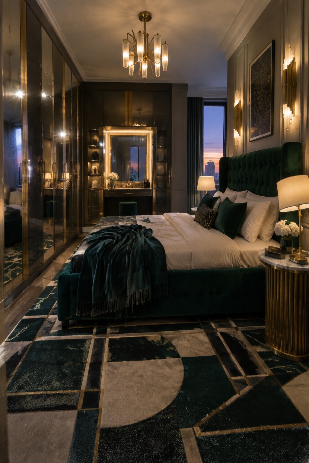 Luxurious bedroom with green velvet bed, marble floor, chandelier, and city view at dusk