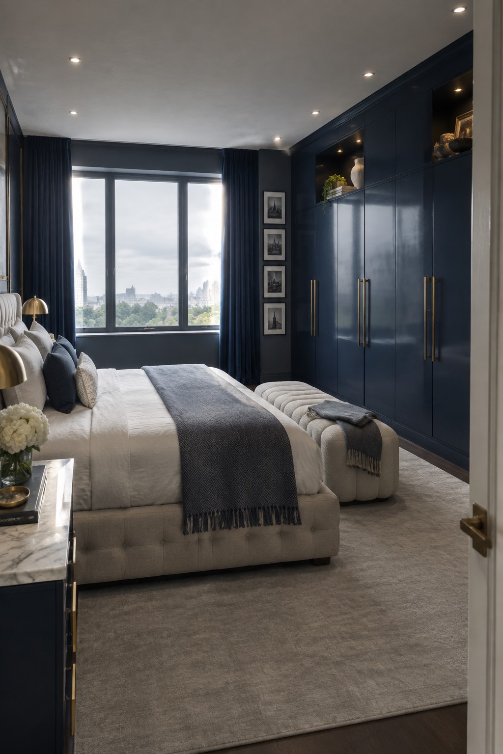 A master bedroom featuring floor-to-ceiling navy built-in wardrobes along the right wall, a bed with white bedding and a gray throw blanket, and large windows dressed in matching navy curtains.