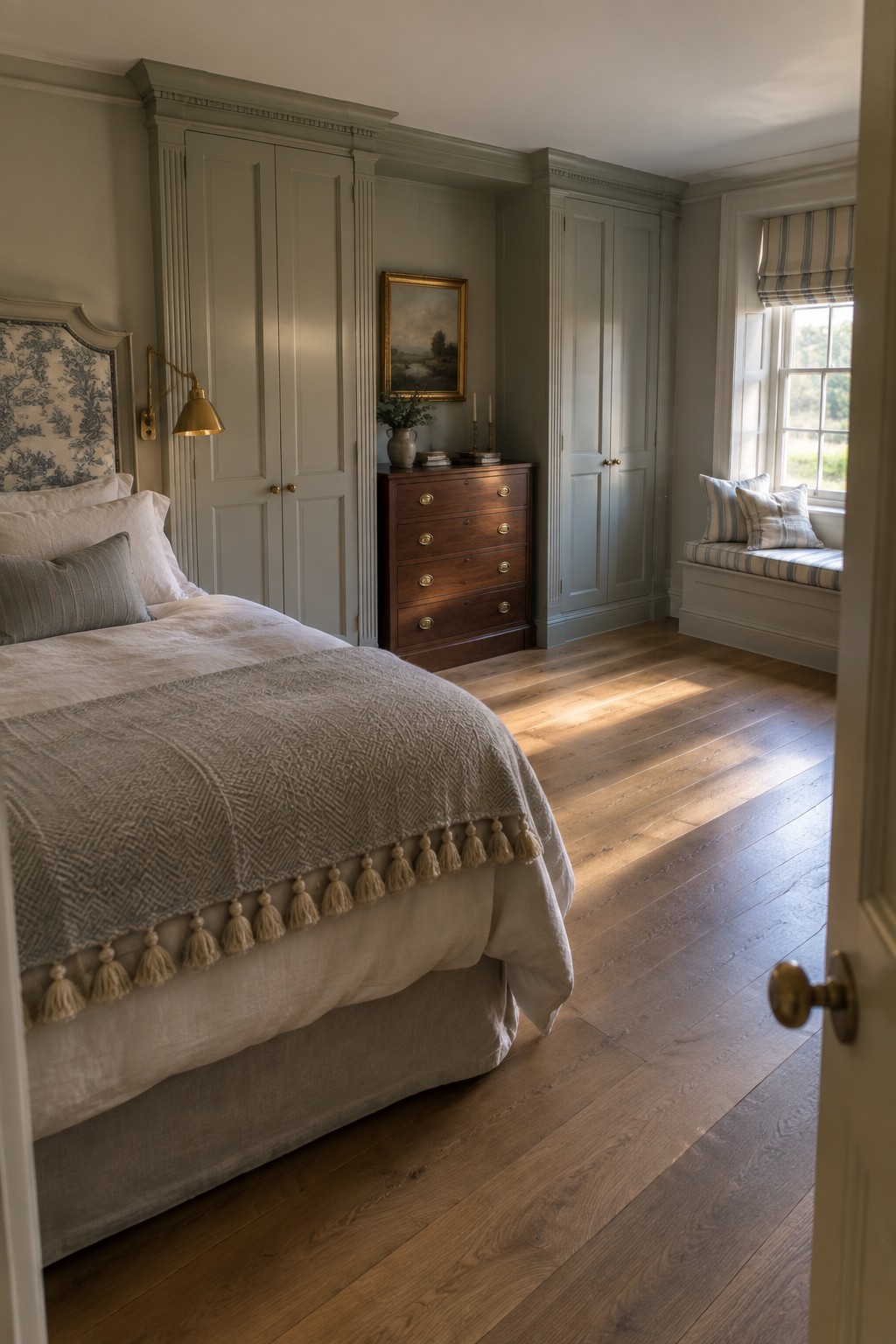 A bedroom with a bed in neutral linens, built-in sage green wardrobes flanking a central chest of drawers, a wall sconce, and a window seat with striped cushions.