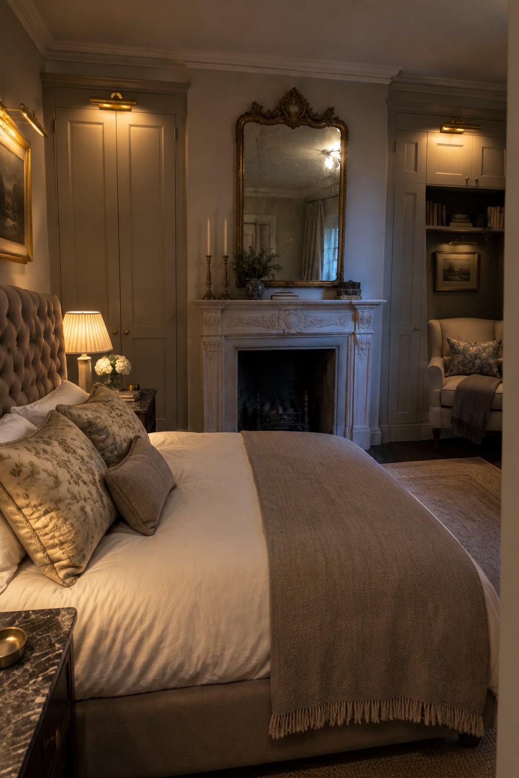 A bedroom with a large bed, patterned pillows, a fireplace with an ornate mirror above it, and built-in wardrobes painted the same gray as the walls on either side.
