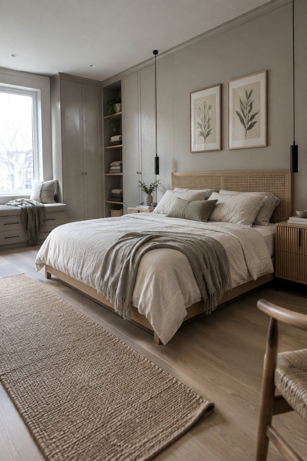 A bedroom with a wooden bed dressed in neutral linens, built-in gray-green wardrobes along one wall, and two framed botanical prints above the headboard.