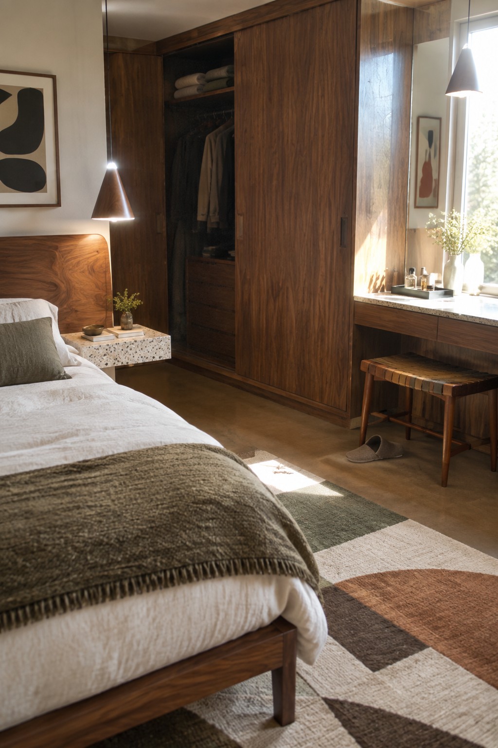 A bedroom with a large dark wood built-in wardrobe next to a bed with white linens, an olive throw, and a patterned rug on the floor.