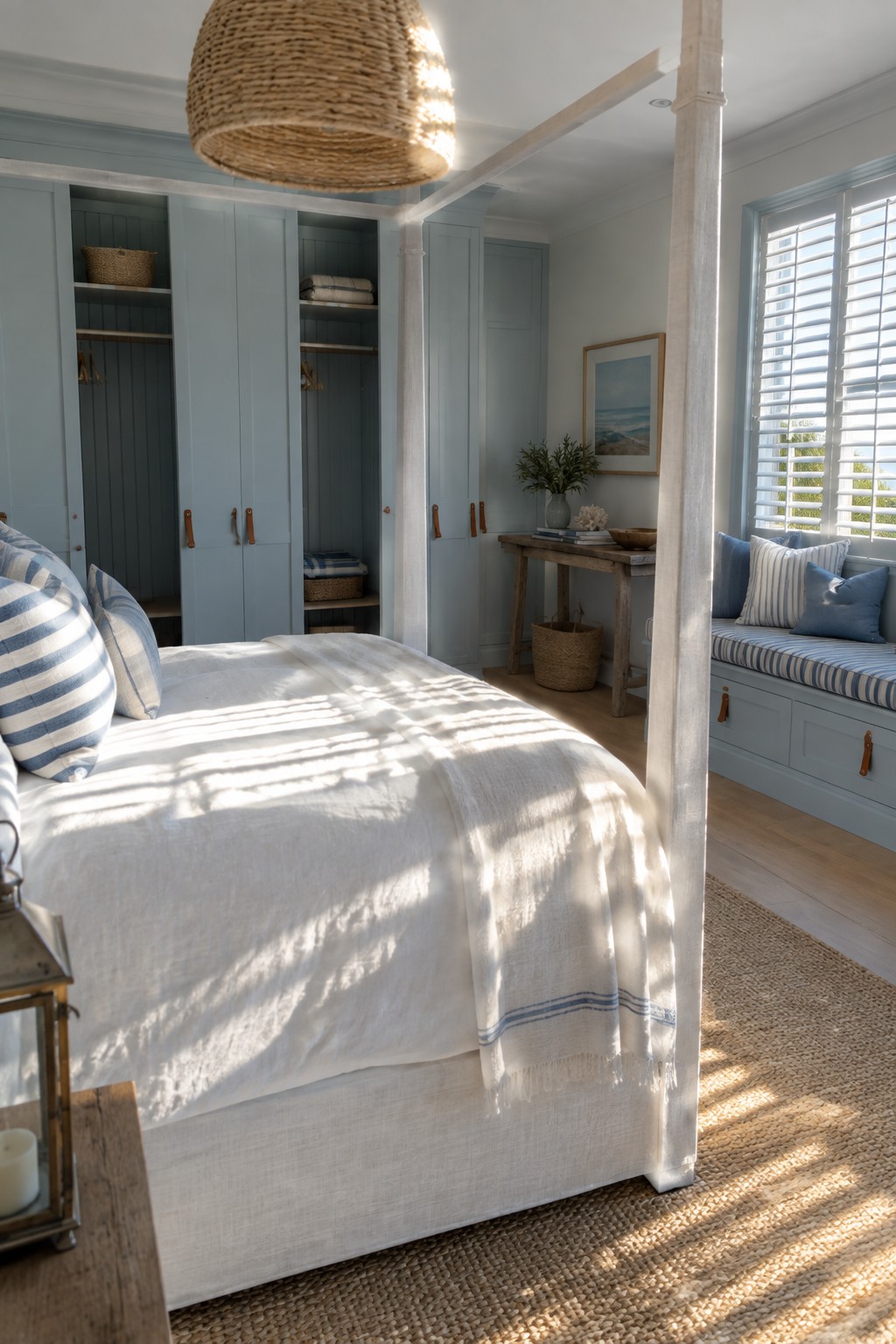 A bedroom with a white four-poster bed positioned between light blue built-in wardrobes, white bedding, and a window seat with blue cushions.