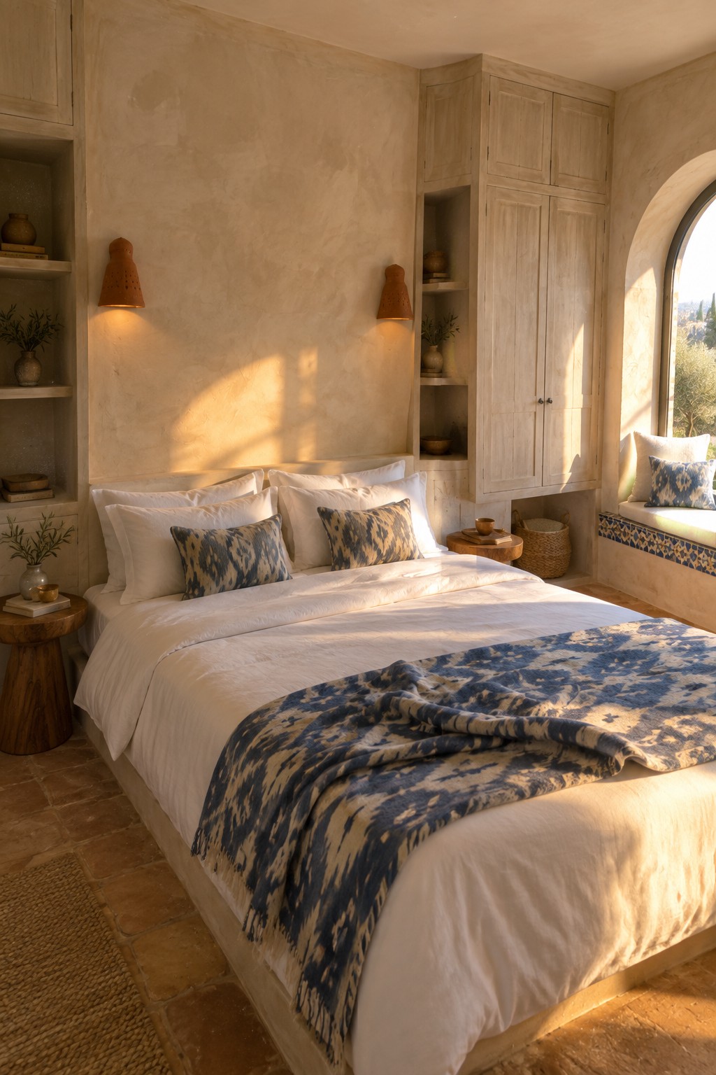 Sunlit rustic bedroom with white linens, blue ikat blanket, wooden furniture, and arched window