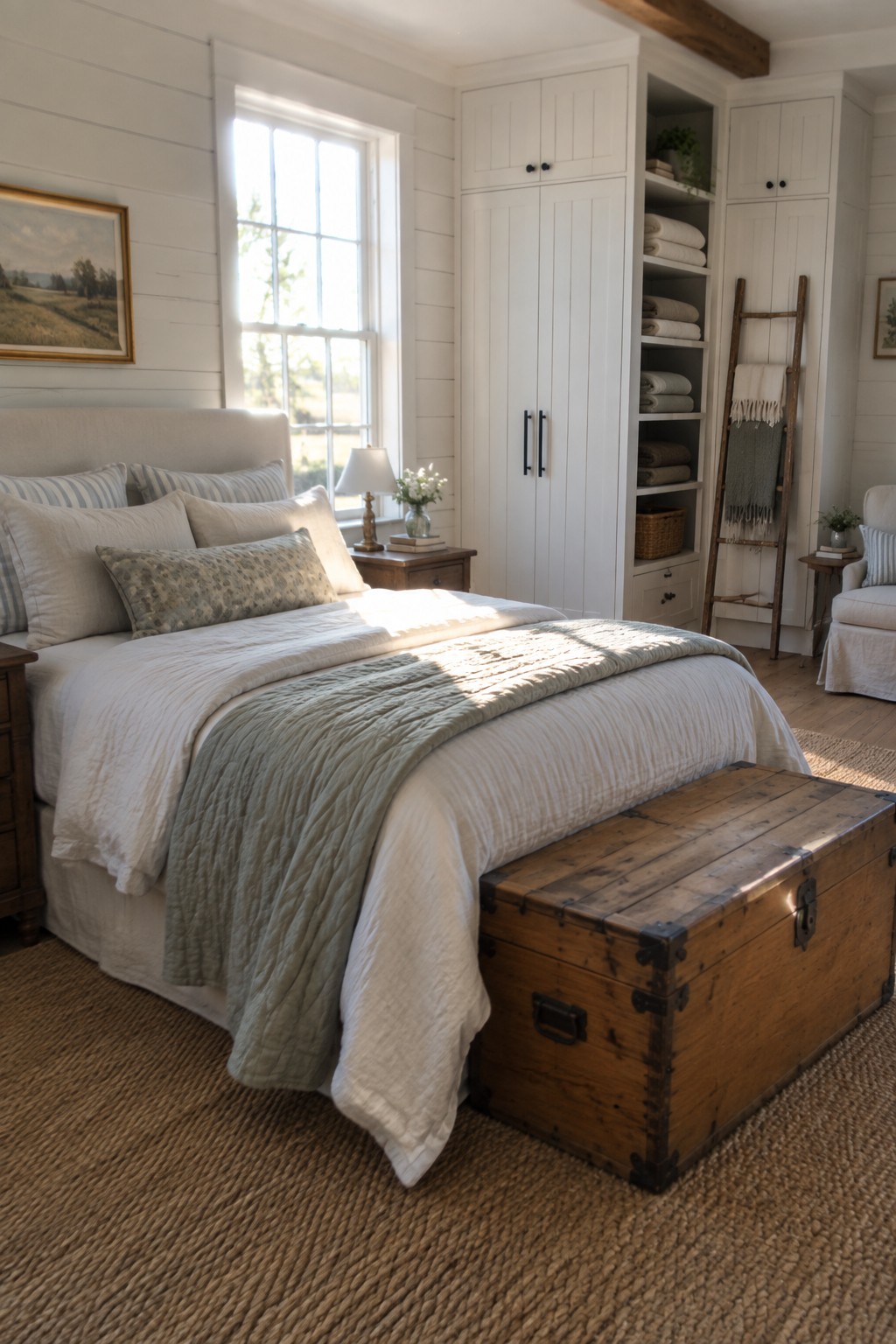 A bedroom with a bed dressed in white and sage green bedding, a wooden trunk at the foot of the bed, and white built-in wardrobes with open shelving along the wall beside a window.