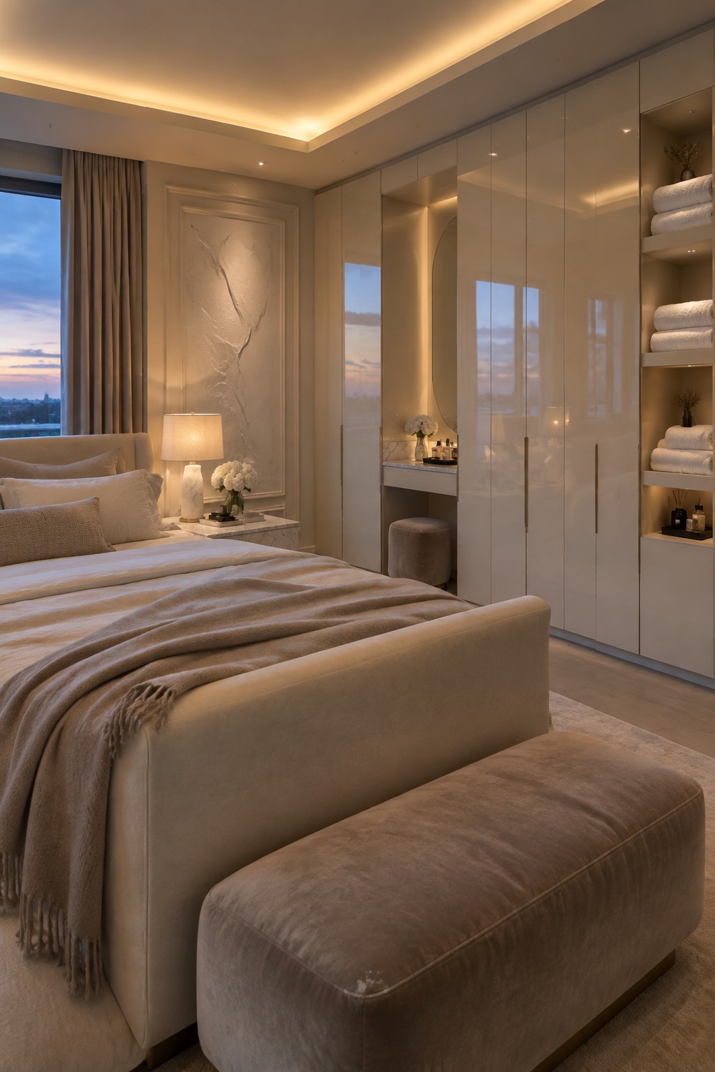 A contemporary master bedroom with floor-to-ceiling built-in wardrobes in a light neutral finish, a large upholstered bed with beige bedding, and a matching bench at the foot of the bed.