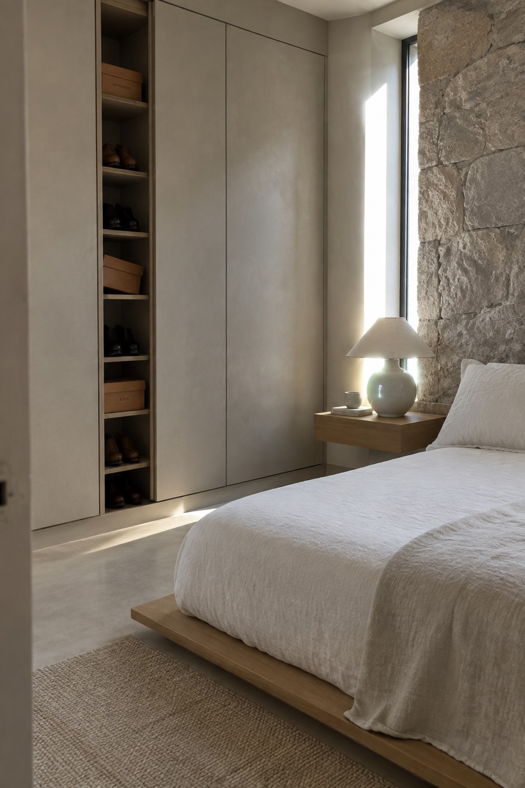 A bedroom with a low platform bed dressed in white linens, built-in light gray wardrobes featuring both closed doors and open shelves holding shoes and boxes, a floating wooden nightstand with a lamp, and a stone accent wall.