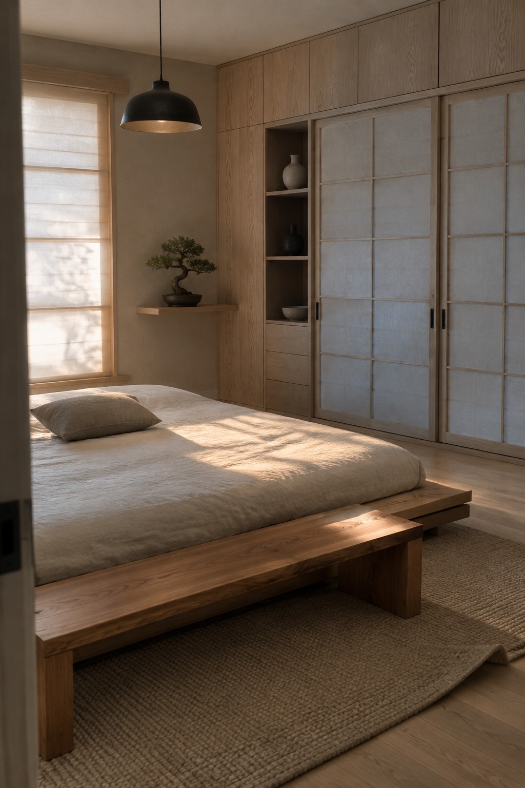 A minimalist bedroom with a low wooden platform bed on a woven rug, a built-in light oak wardrobe with sliding doors, and a small bonsai on a floating shelf.