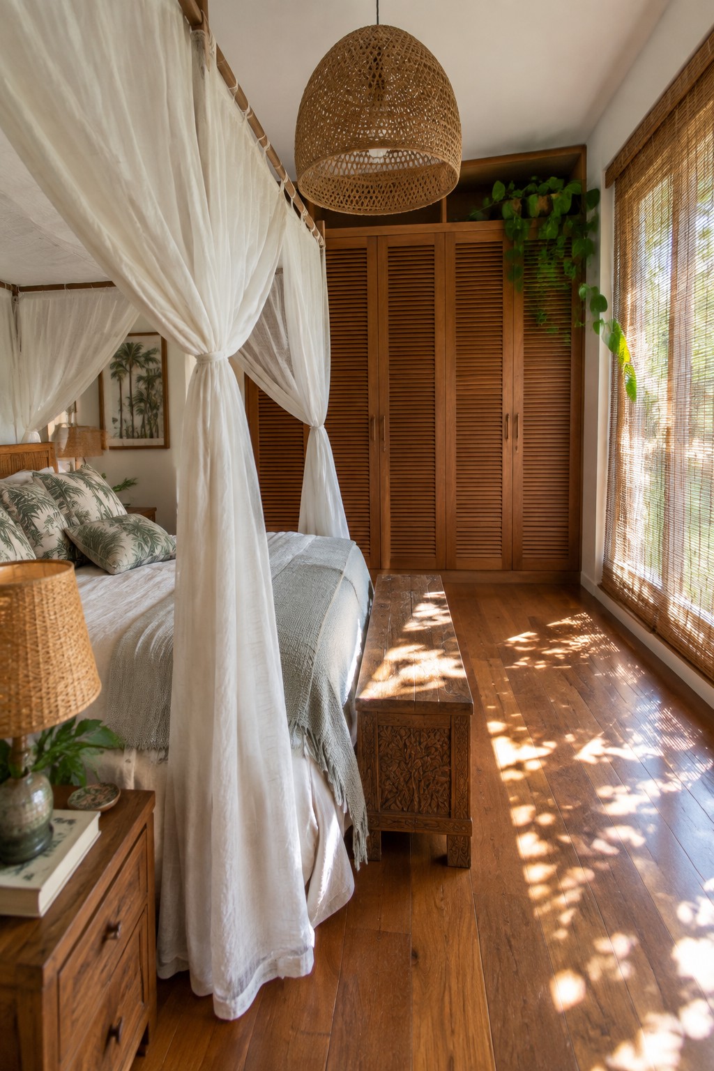 A bedroom interior showing a canopy bed with white linens, a large built-in wooden wardrobe with louvered doors, a carved wooden bench, and sunlight patterns on the hardwood floor.