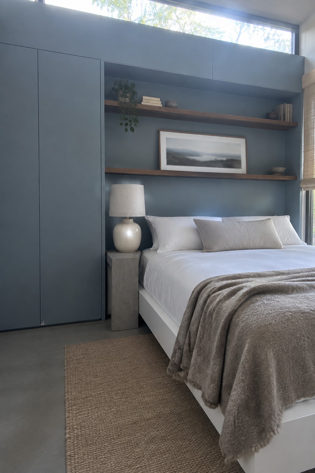 A bedroom with built-in blue-gray wardrobes on the left, floating wooden shelves above the bed, white bedding, a beige throw, and a large window at the top of the wall.