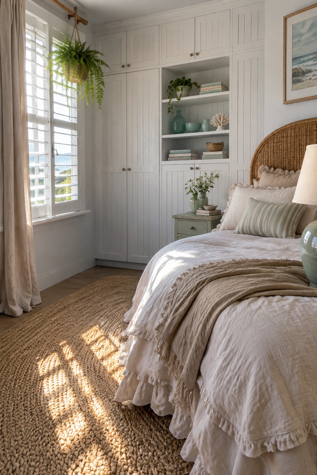 A bedroom with white built-in wardrobes and open shelving, a bed with white and beige linens, a woven rug, and a window with shutters on the left.