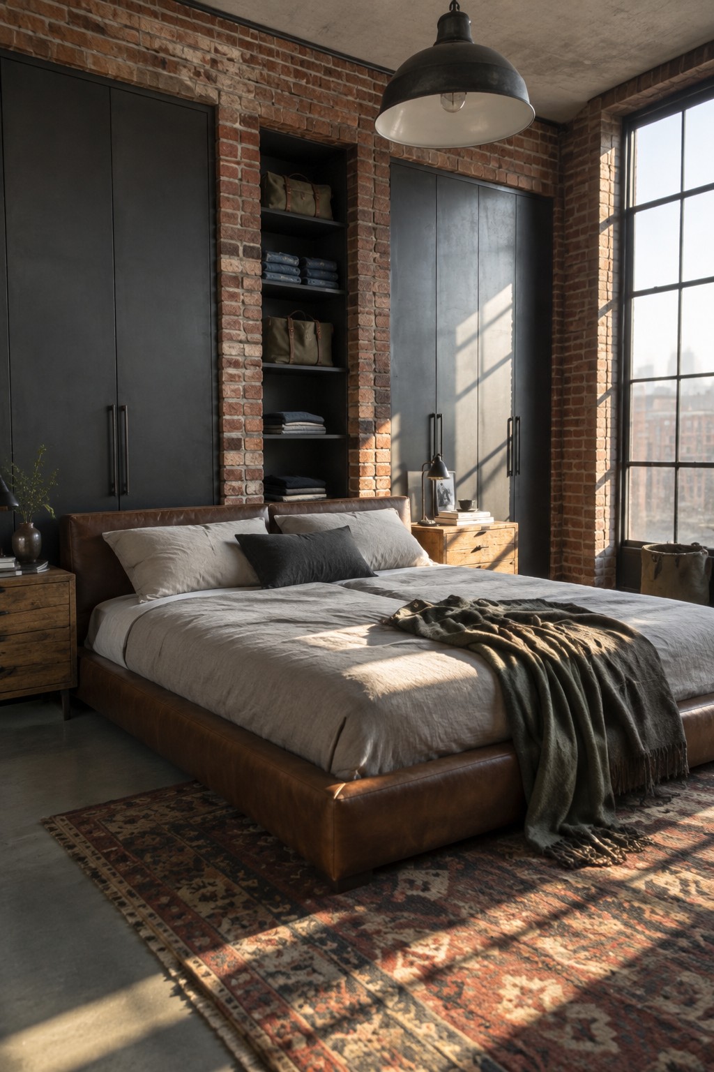 Sunlit industrial bedroom with leather bed, gray linens, brick walls, and patterned rug