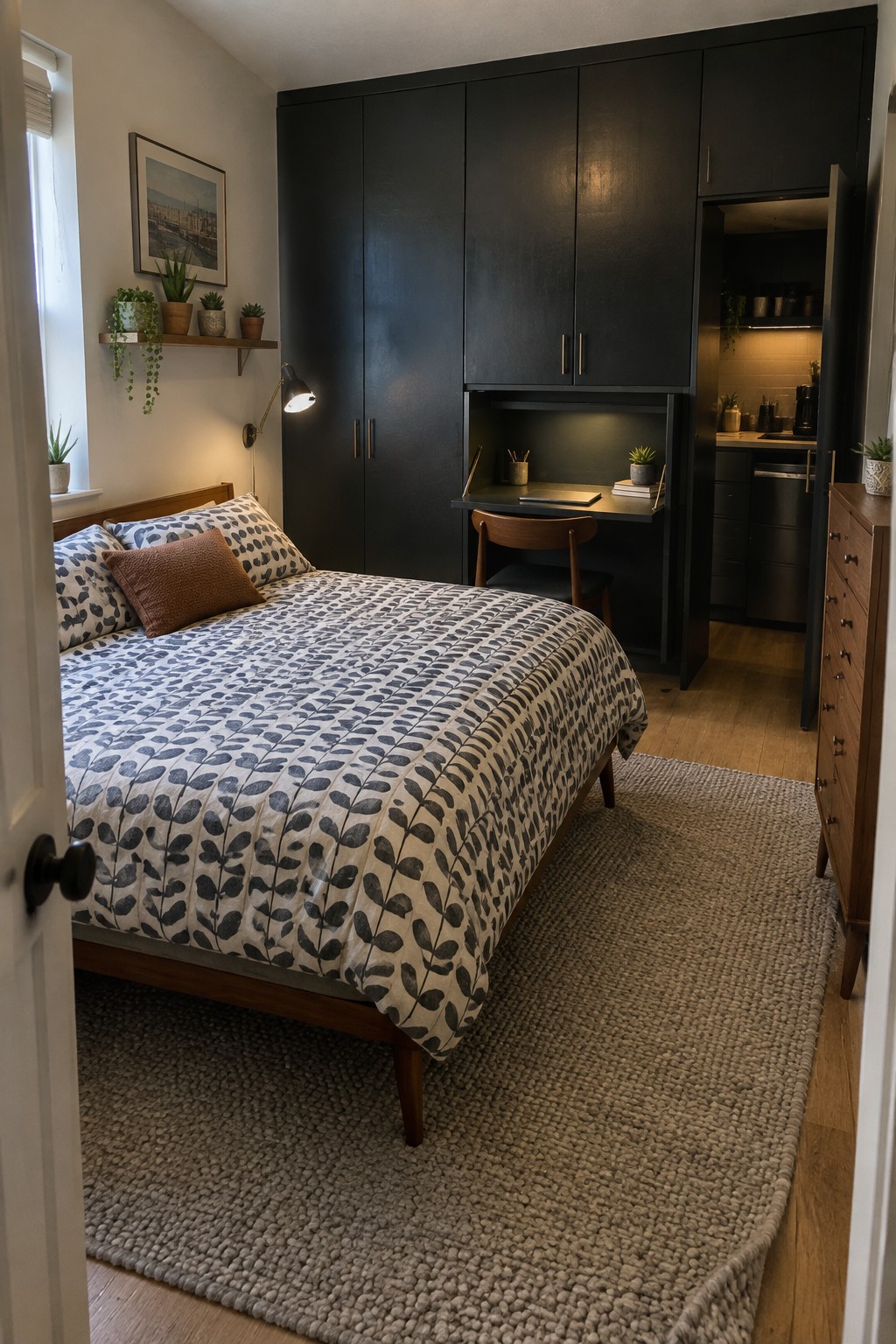 A bedroom with a large dark built-in wardrobe that includes an integrated desk nook with a wooden chair, next to a bed with patterned bedding on a textured rug.