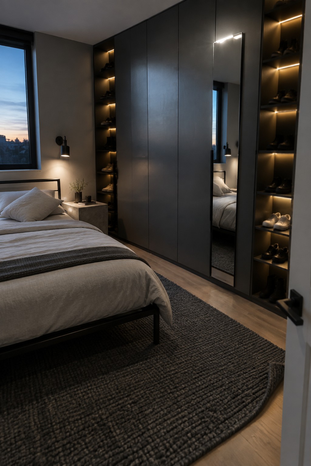 Modern bedroom with bed, dark mirrored wardrobe, illuminated shoe shelves, and gray rug.