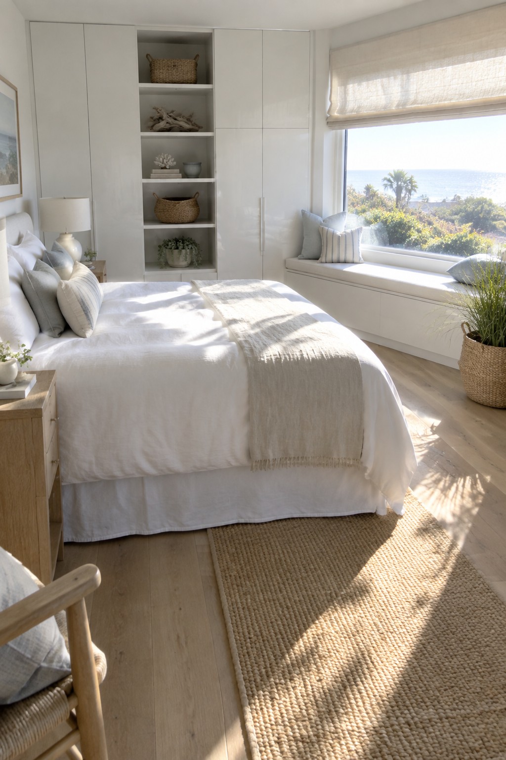 Bright bedroom with white bed, ocean-view window seat, built-in shelves, and jute rug