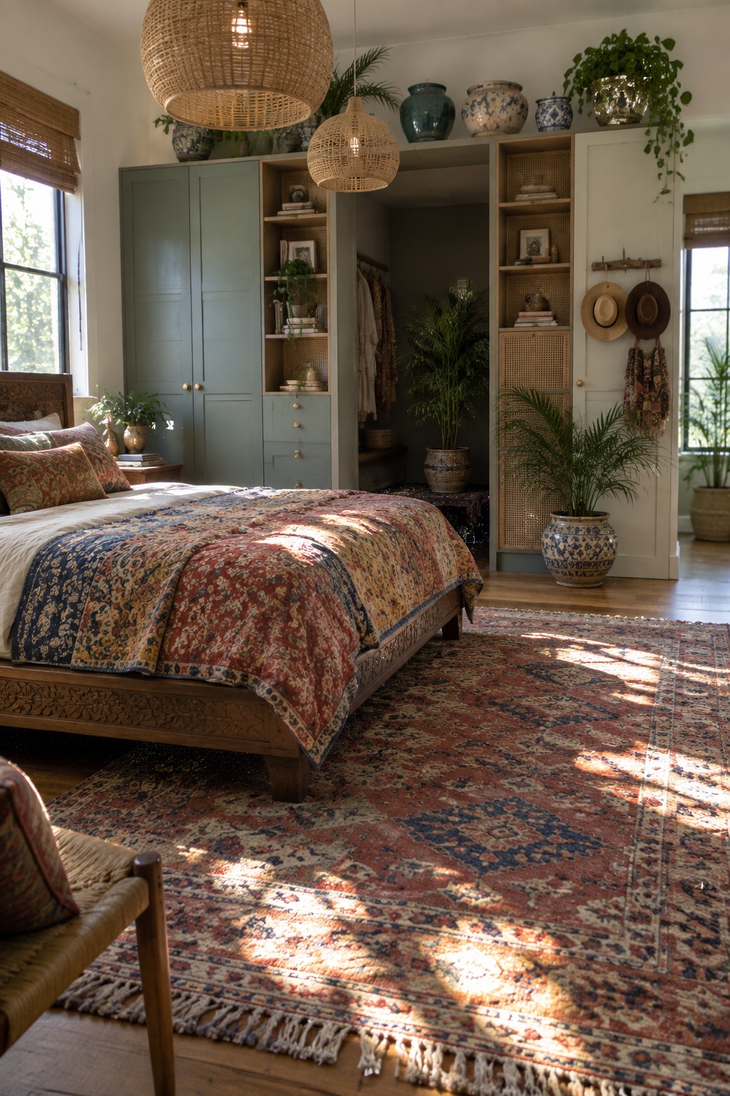 A bedroom with built-in sage green wardrobes along one wall, a wooden bed with a patterned quilt, and a large colorful rug on the floor.