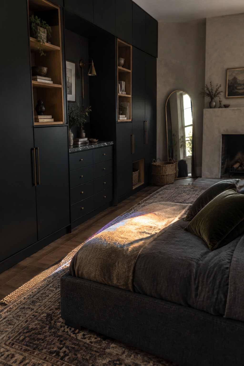 A bedroom with tall black built-in wardrobes featuring brass handles and open shelves, positioned next to a bed with dark gray bedding and a fireplace in the background.