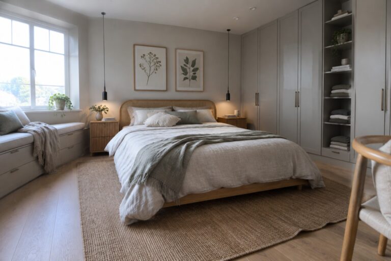 23 Cozy Master Bedroom Ideas Built Around Built-In Wardrobes A bedroom with a wooden bed dressed in neutral linens, built-in gray-green wardrobes along one wall, and two framed botanical prints above the headboard.