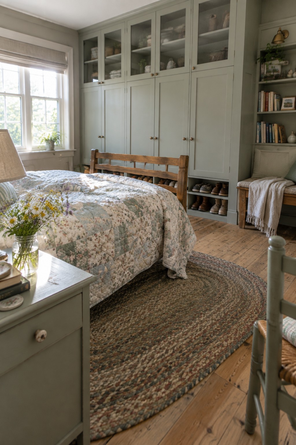 A bedroom with sage green built-in wardrobes along the back wall, a bed with a patchwork quilt, a round woven rug on wide wood floors, and a window on the left.