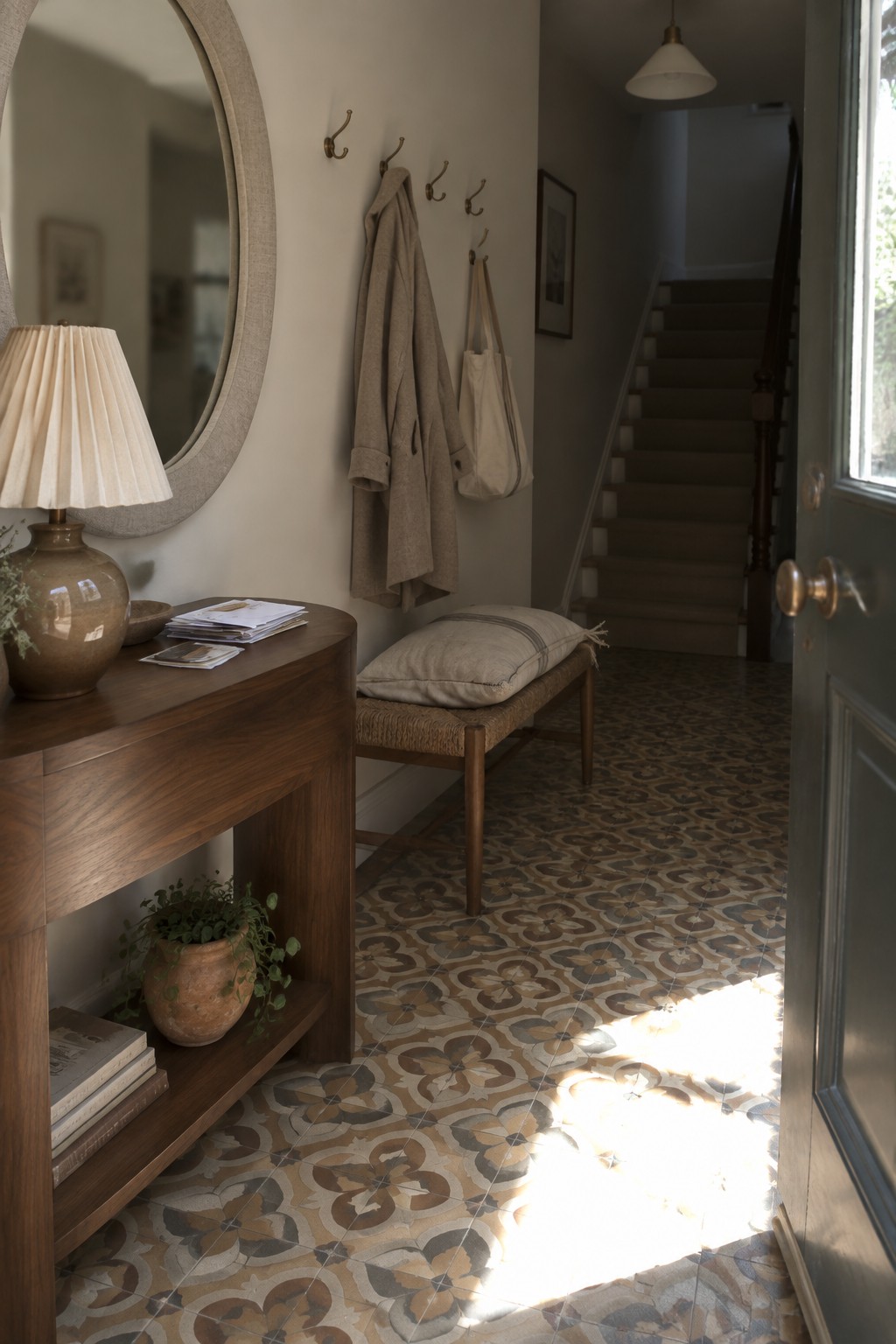 An interior entryway featuring a wooden console table, round mirror, coat hooks with a jacket and tote, a woven bench, and a large patterned tile floor in earth tones with a staircase visible in the background.