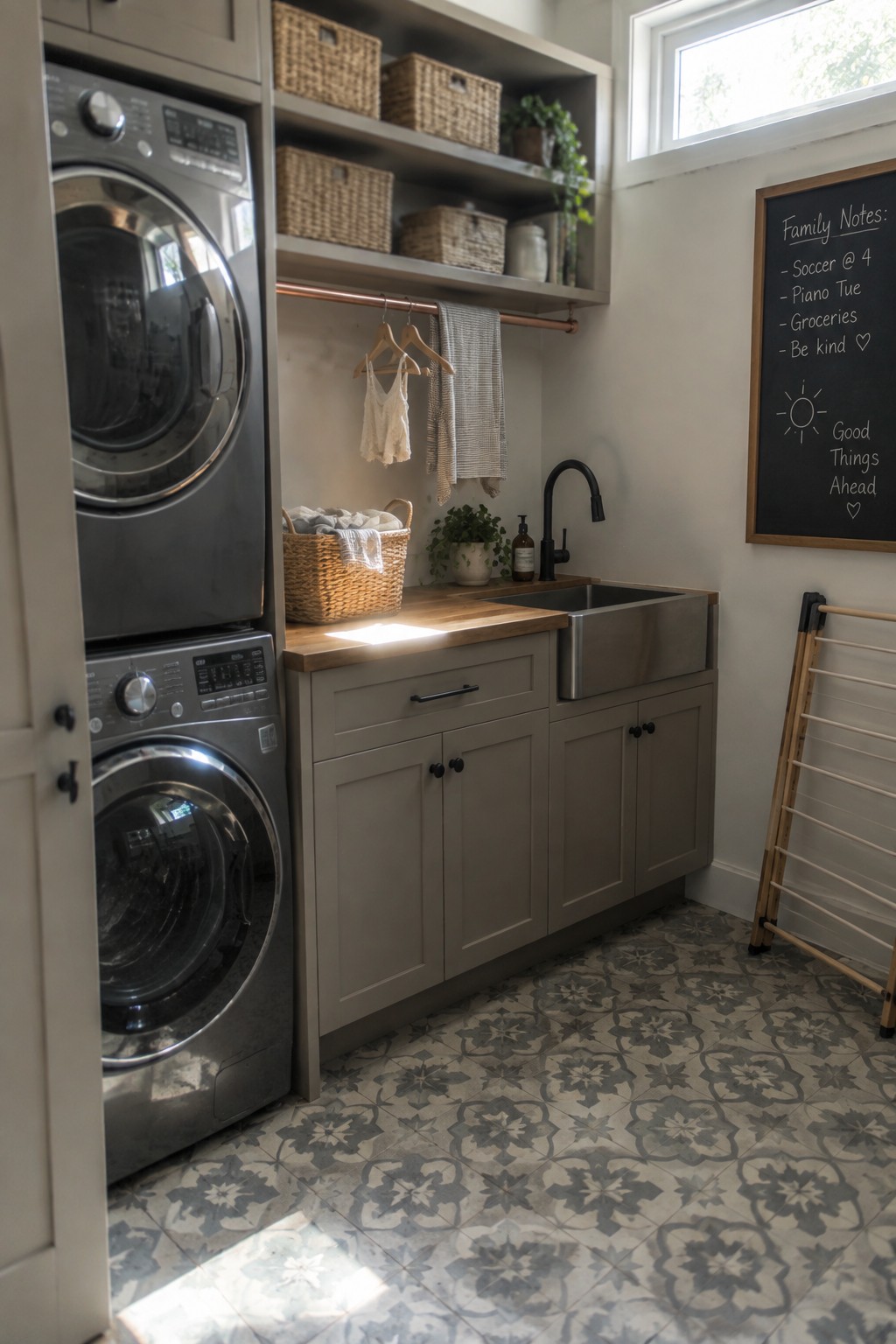A laundry room interior with stacked front-loading washers, taupe cabinets, a wood countertop and sink, open shelving with woven baskets, and a gray patterned tile floor.