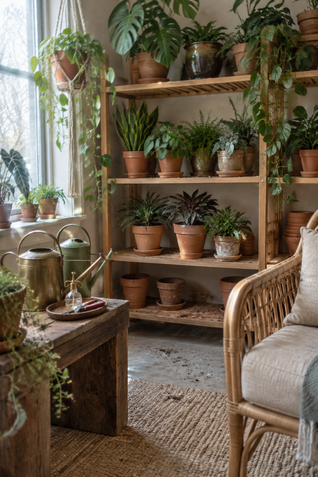 Rustic wooden shelves brimming with potted plants, hanging vines, watering cans, and wicker chair.