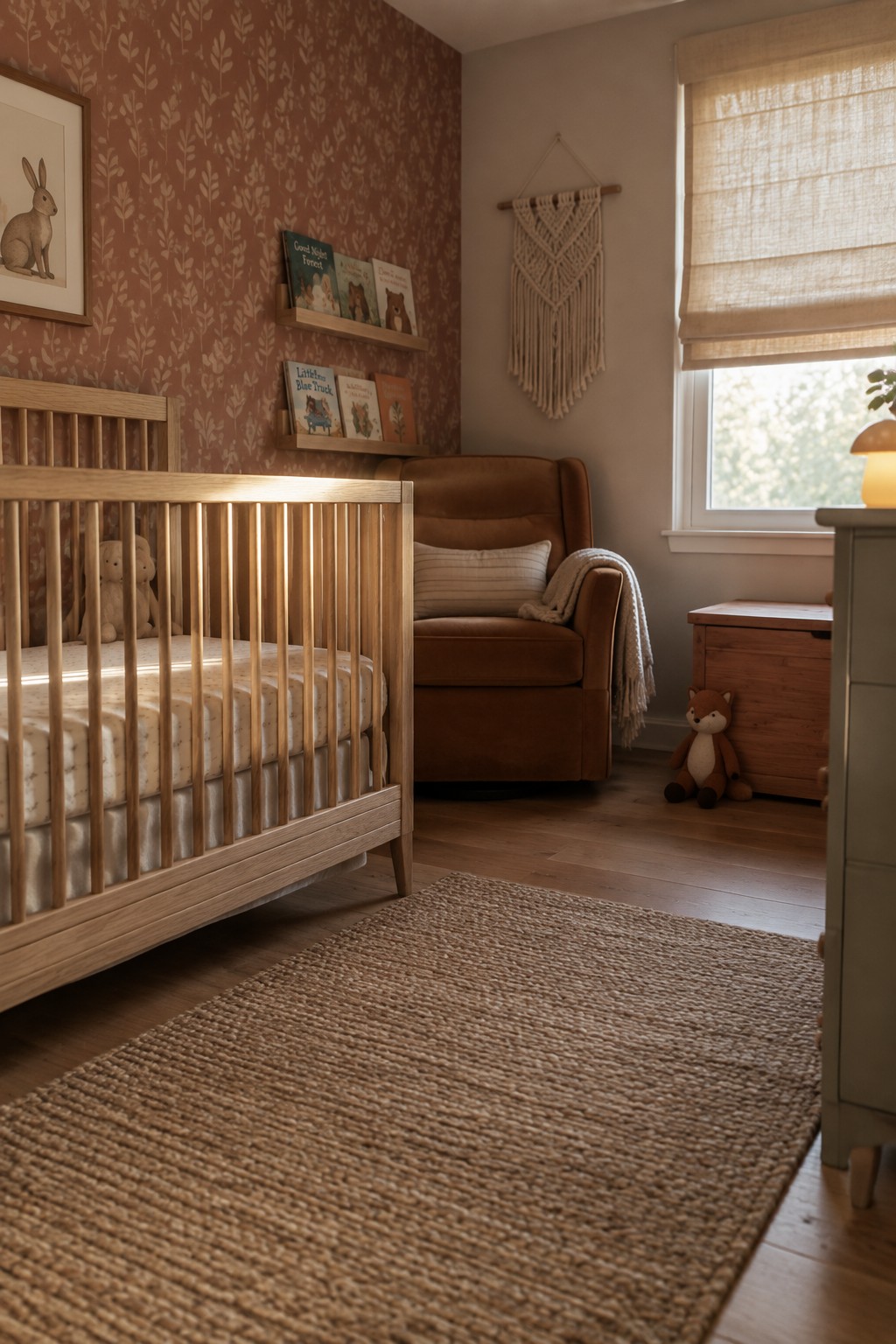 A nursery interior with terracotta leaf-patterned wallpaper, a light wood crib, a brown upholstered armchair, floating wooden bookshelves, and a woven rug on hardwood flooring.