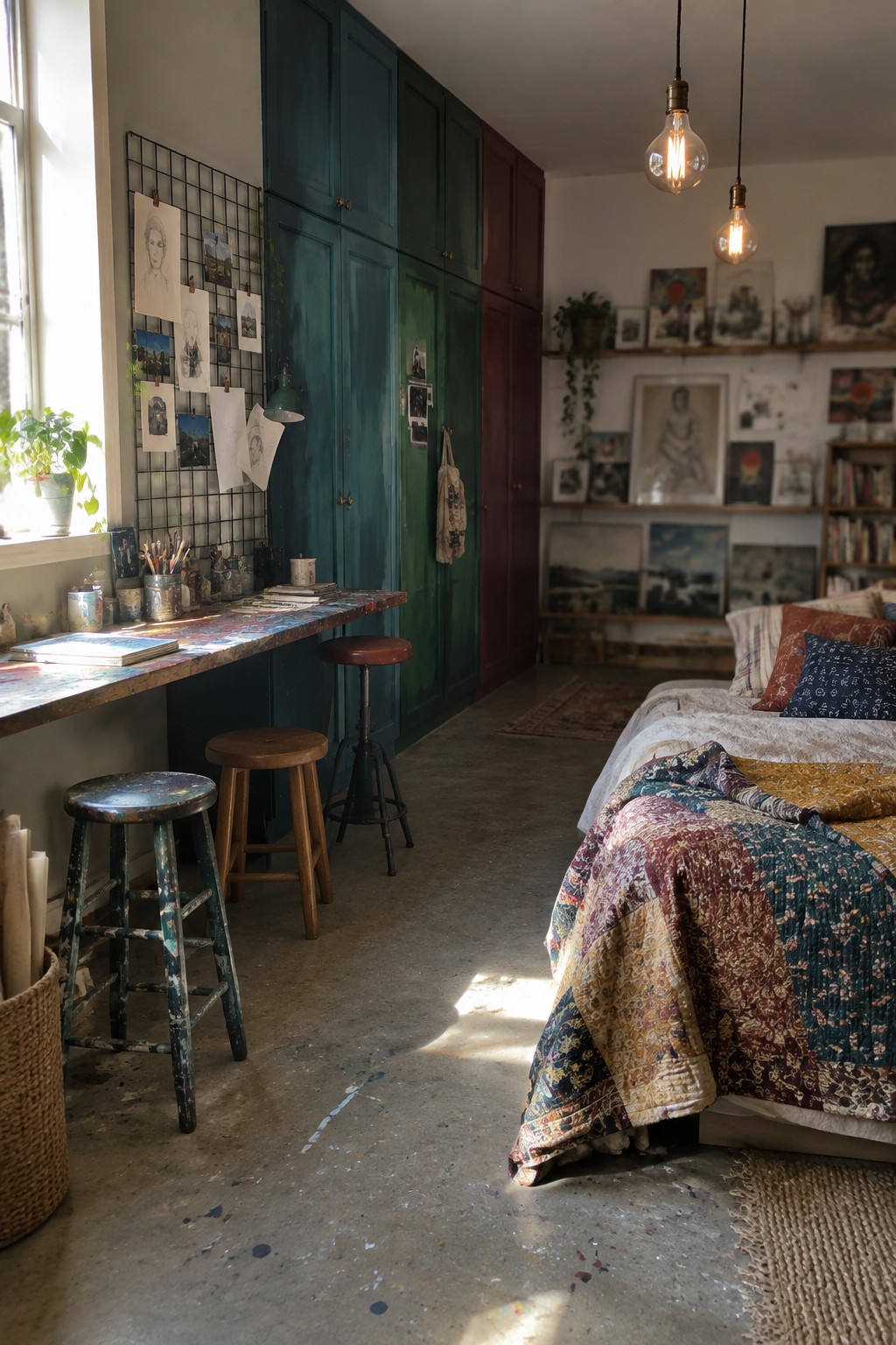 A bedroom interior with tall teal built-in cabinets along one wall, a long painted desk with stools underneath, and a bed covered in a patchwork quilt.