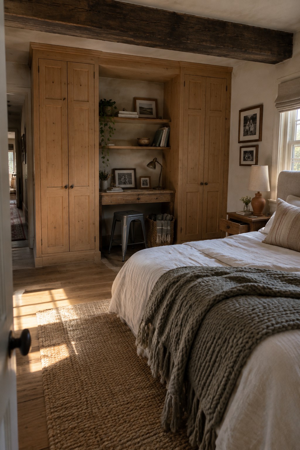 A bedroom with light wood built-in wardrobes on both sides of a central desk and open shelves, next to a bed with white bedding and a gray throw.