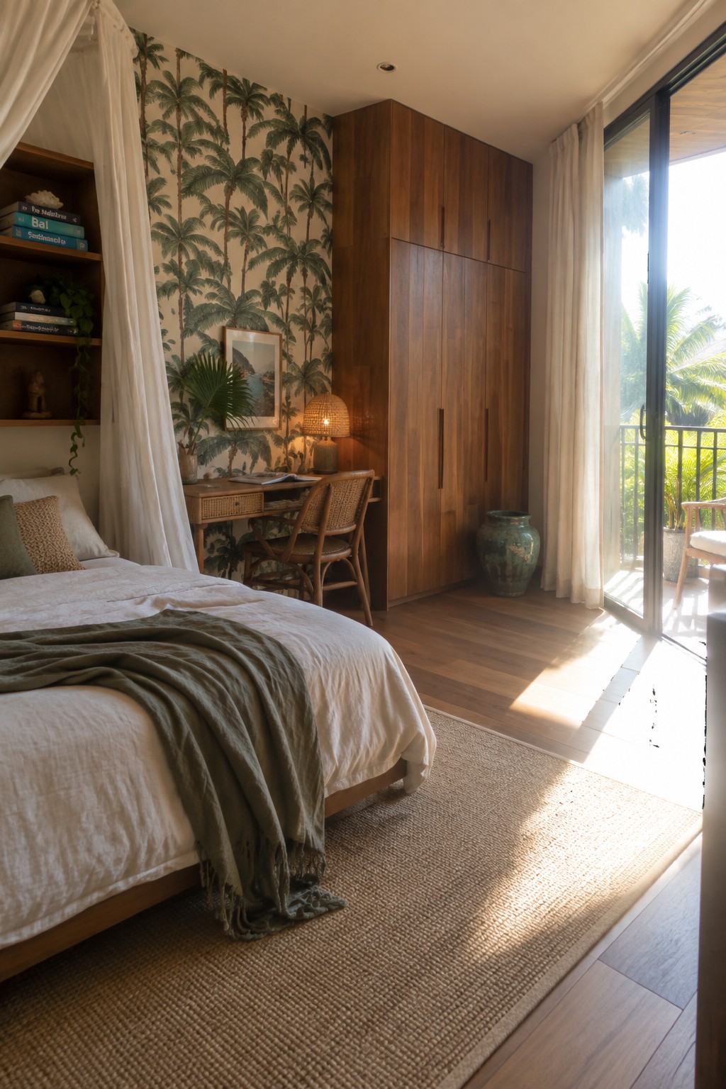 A bedroom with a tall wooden built-in wardrobe beside a small wooden desk and woven chair, a bed with white bedding and a green throw, palm tree wallpaper, and a sliding glass door to the outside.