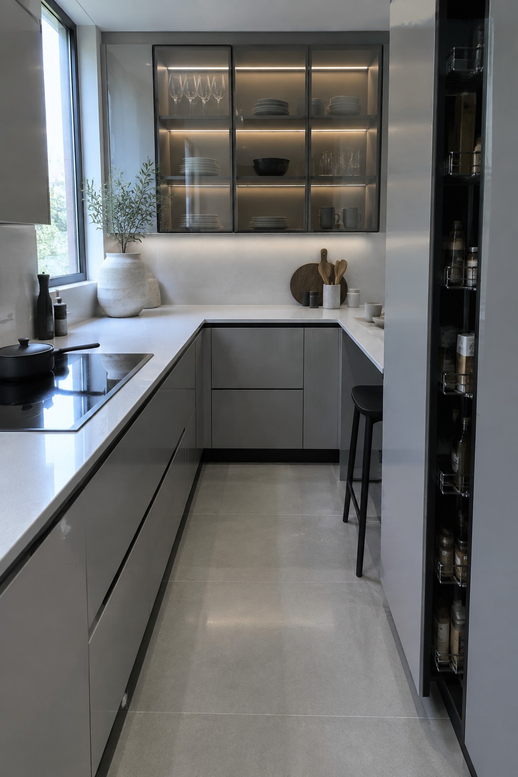 A modern U-shaped kitchen with gray flat-panel cabinets, a tall open pantry cabinet on the right showing pull-out shelves, illuminated glass upper cabinets, and a black induction cooktop on the left counter.