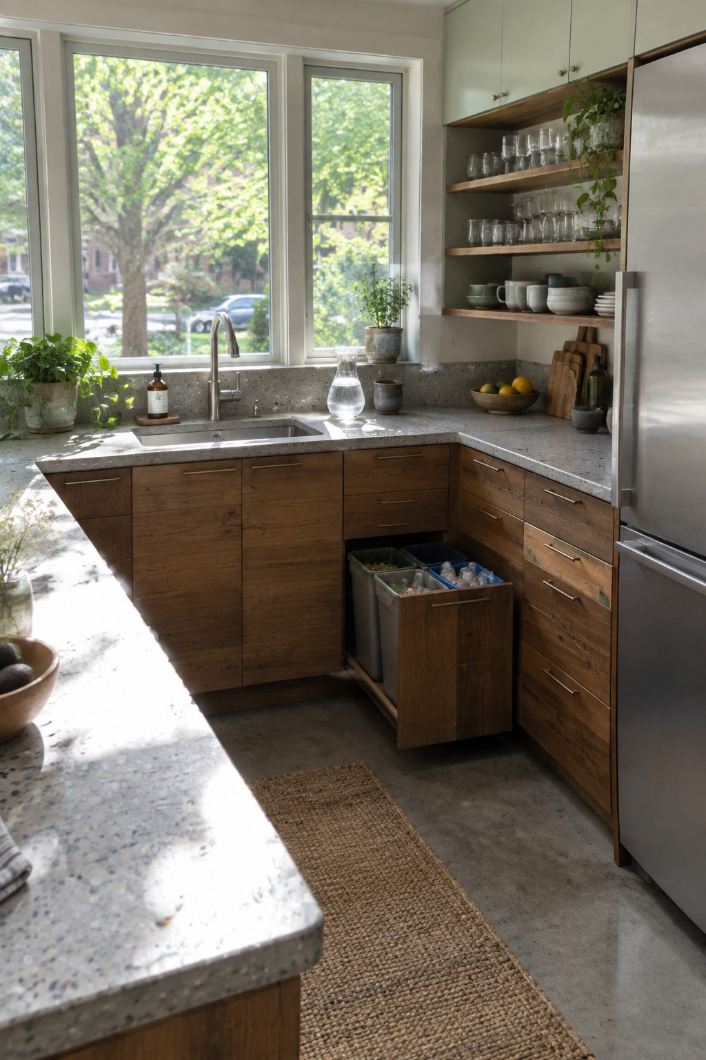 Modern kitchen with wood cabinets, speckled counters, stainless fridge, and pull-out recycling bins.