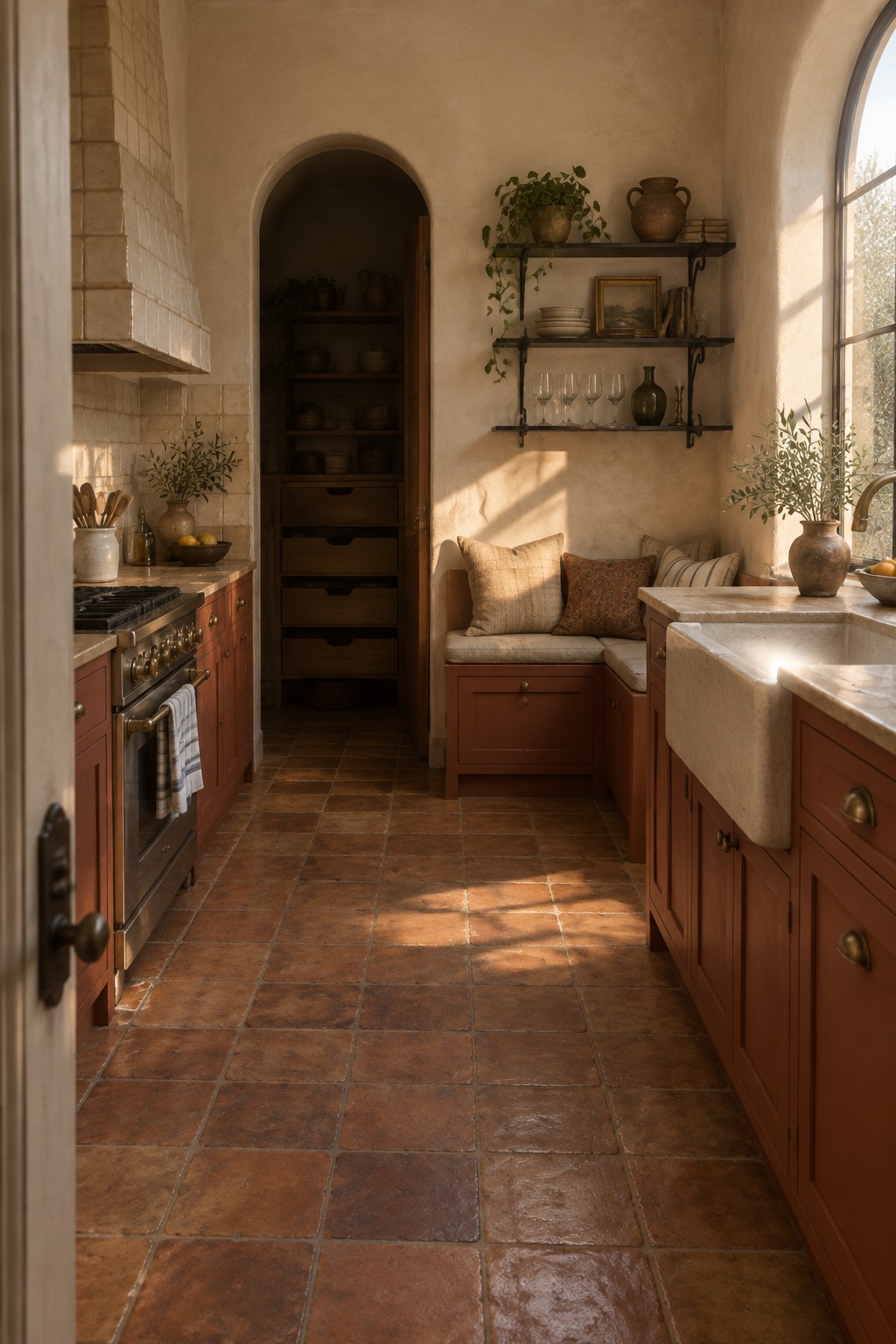 Rustic kitchen with terracotta tiles, red cabinets, farmhouse sink, and arched doorway