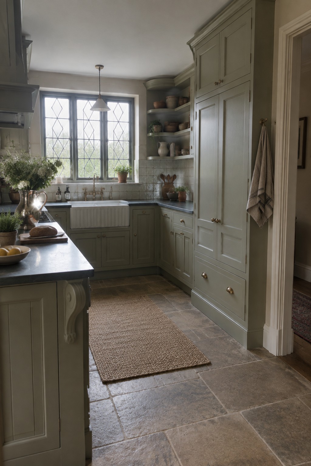 Sage green kitchen with farmhouse sink, open shelves, and woven rug on stone floor