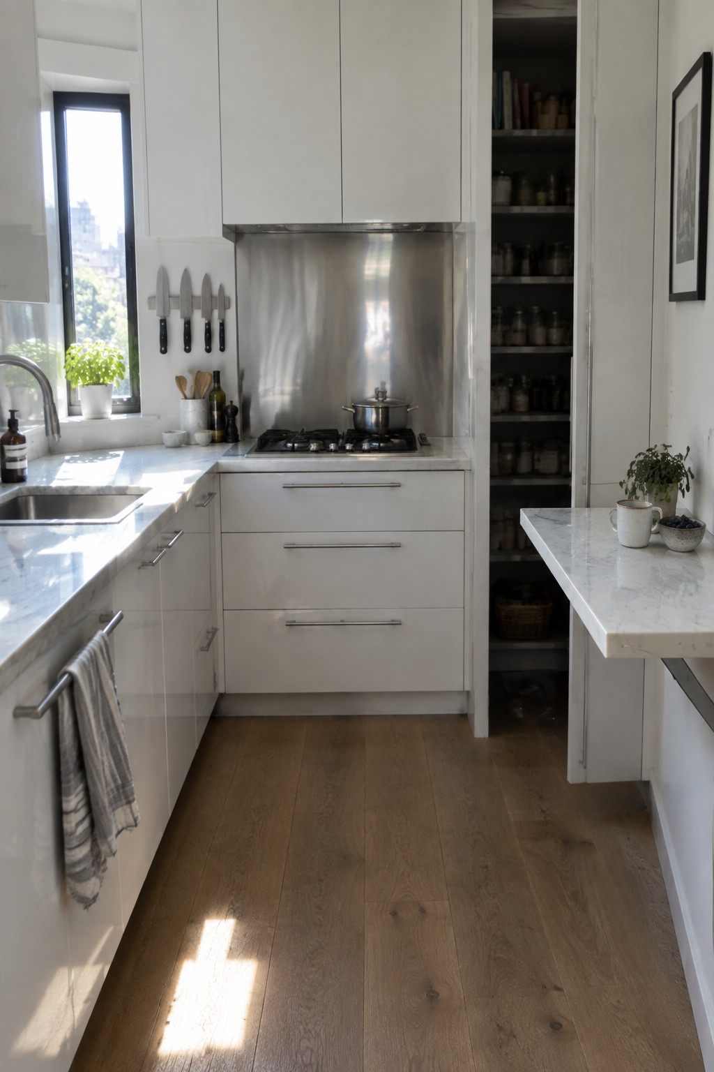 A modern white U-shaped kitchen with marble countertops, stainless steel range hood, gas cooktop, and tall pantry cabinet with open shelving.