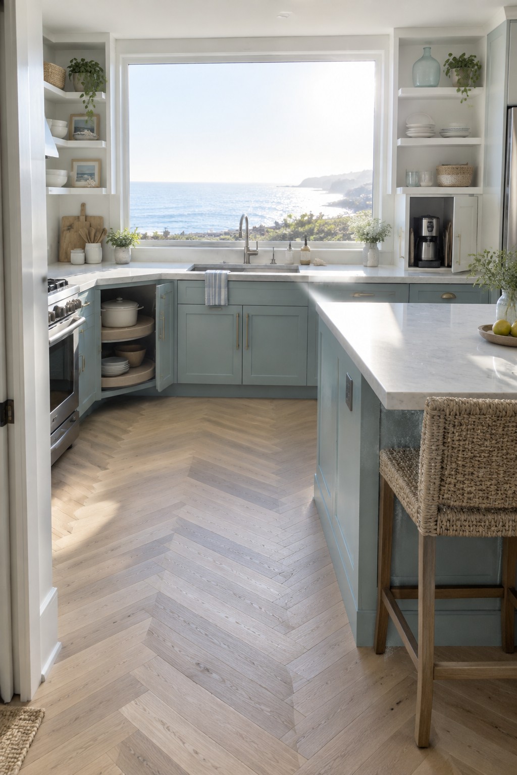 Coastal kitchen with light blue cabinets, herringbone floors, and ocean view