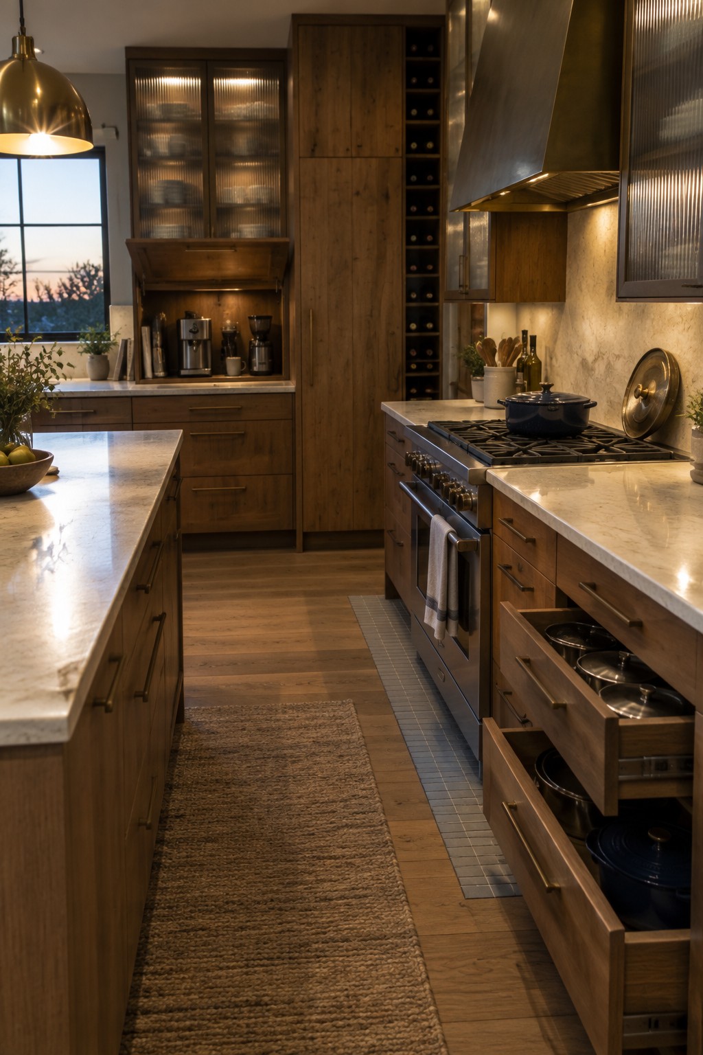 A U-shaped kitchen with wood cabinets, marble counters, stainless steel range, and several open lower drawers holding stacked blue pots and lids.