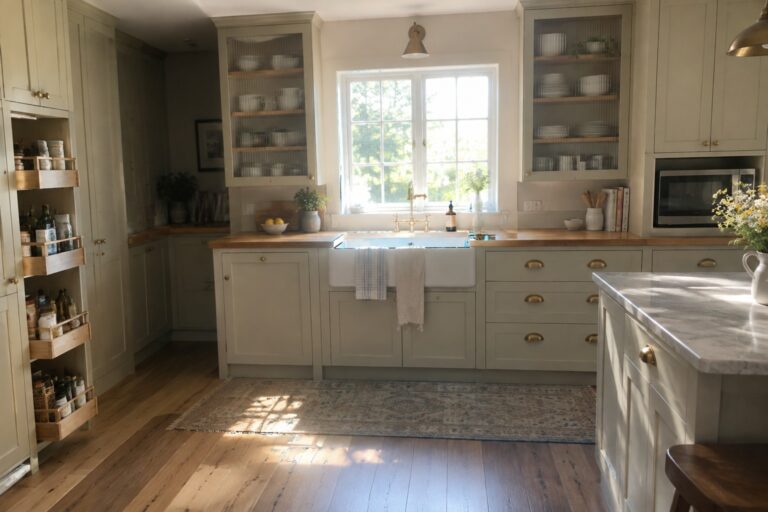 23 Functional U-Shaped Kitchen Ideas for Maximum Cabinet Storage A U-shaped kitchen with light gray cabinets, a white farmhouse sink under a window, wooden countertops, and tiered pull-out drawers filled with jars on the left side.