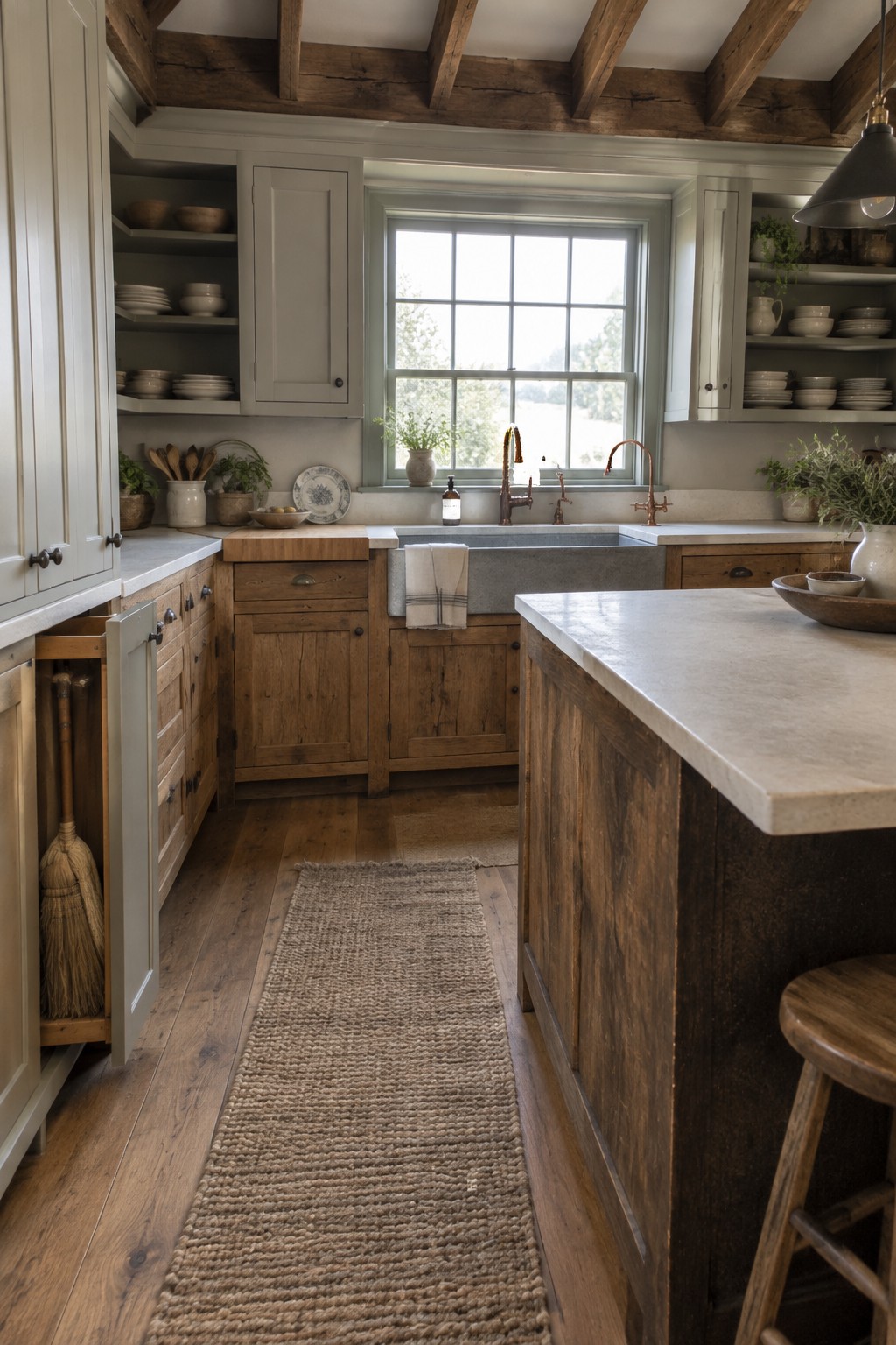A U-shaped kitchen featuring gray and wood cabinets, open shelving filled with dishes and bowls, a concrete sink under a window, and a marble-topped island.