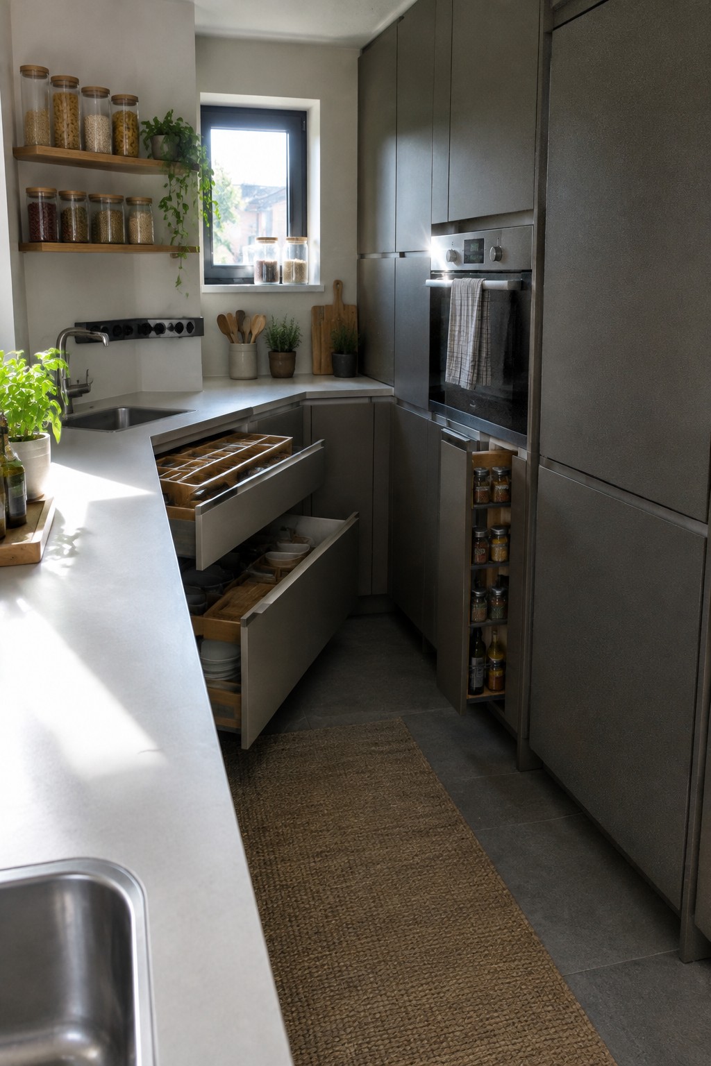 A modern U-shaped kitchen with gray cabinets, open pull-out drawers showing organizers and dishes, and a narrow pull-out cabinet filled with spice jars.