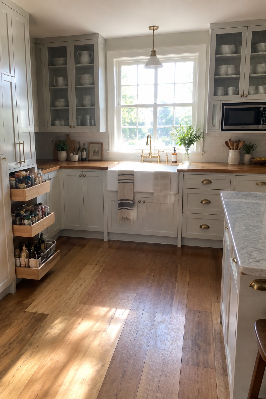 A U-shaped kitchen with light gray cabinets, a white farmhouse sink under a window, wooden countertops, and tiered pull-out drawers filled with jars on the left side.