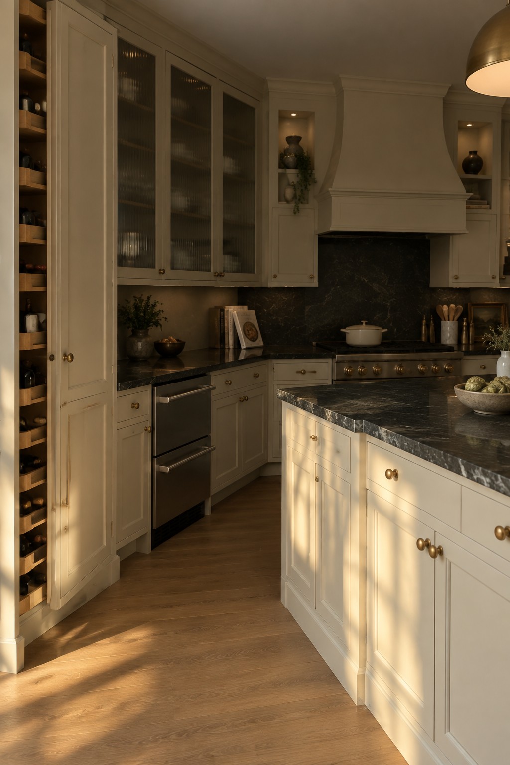 A U-shaped kitchen featuring off-white floor-to-ceiling cabinets, black stone countertops, a stainless steel range with hood, and a tall open shelving unit on the left wall.