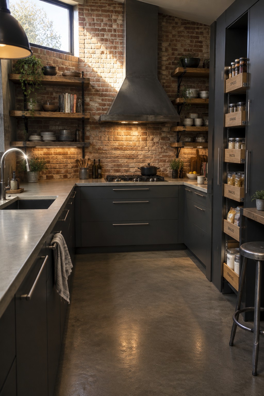 A U-shaped kitchen with dark gray cabinets, concrete counters, exposed brick walls, wooden open shelves, a black range hood, and tall cabinets with labeled pull-out storage bins on the right side.