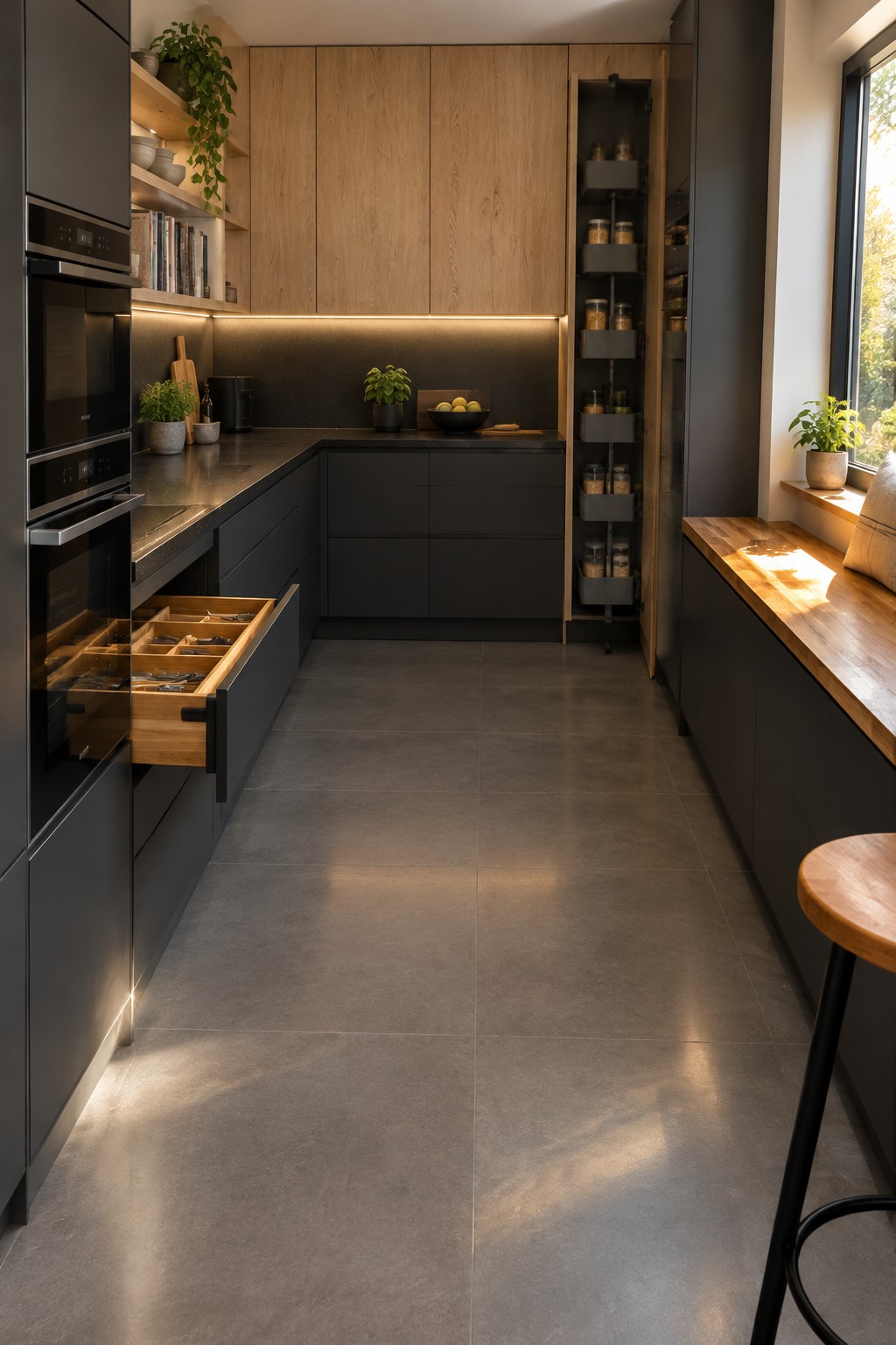 A modern U-shaped kitchen with dark cabinets, light wood upper cabinets, open shelving on the left, and a tall open pantry cabinet with multiple gray pull-out shelves on the right.