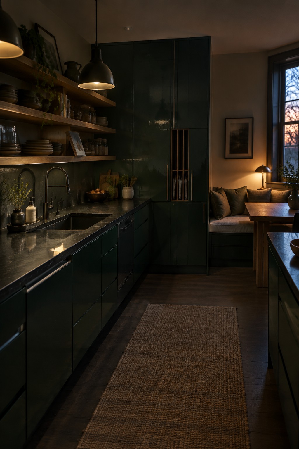 A dark green U-shaped kitchen with tall cabinets, open wooden shelves on the left wall, black countertops, and a woven runner on the floor.