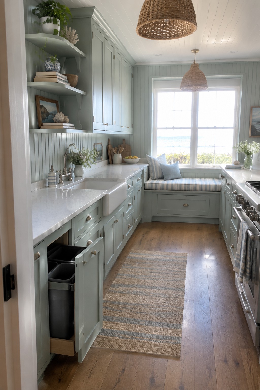 A sage green U-shaped kitchen with white marble counters, a farmhouse sink, open pull-out trash bins, and a window seat under a large window.