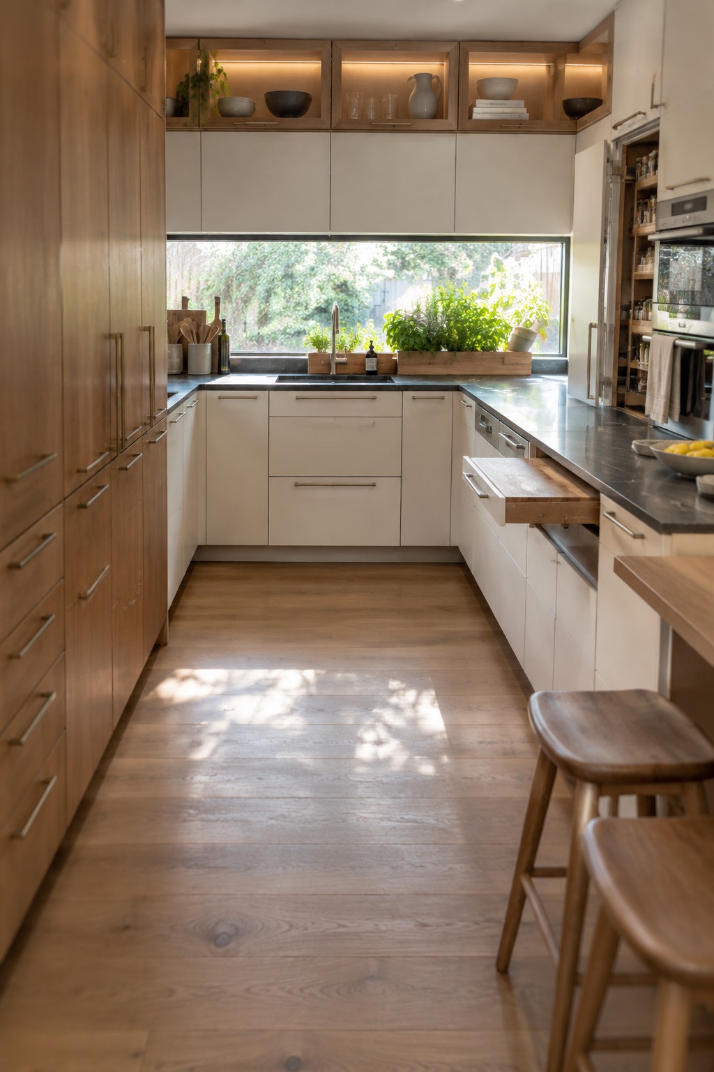 A U-shaped kitchen with tall light wood cabinets on the left wall, white lower cabinets and open upper shelves along the back, a dark countertop, and two wooden stools at the end of the counter.