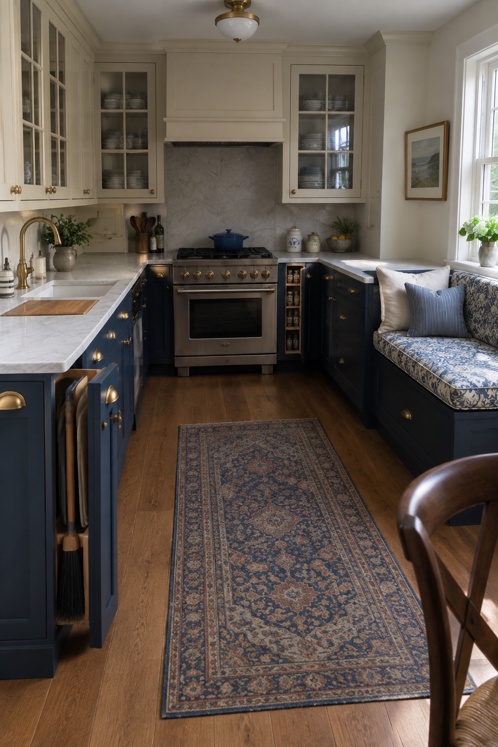 Elegant kitchen with navy blue cabinets, marble counters, stainless range, and patterned rug.