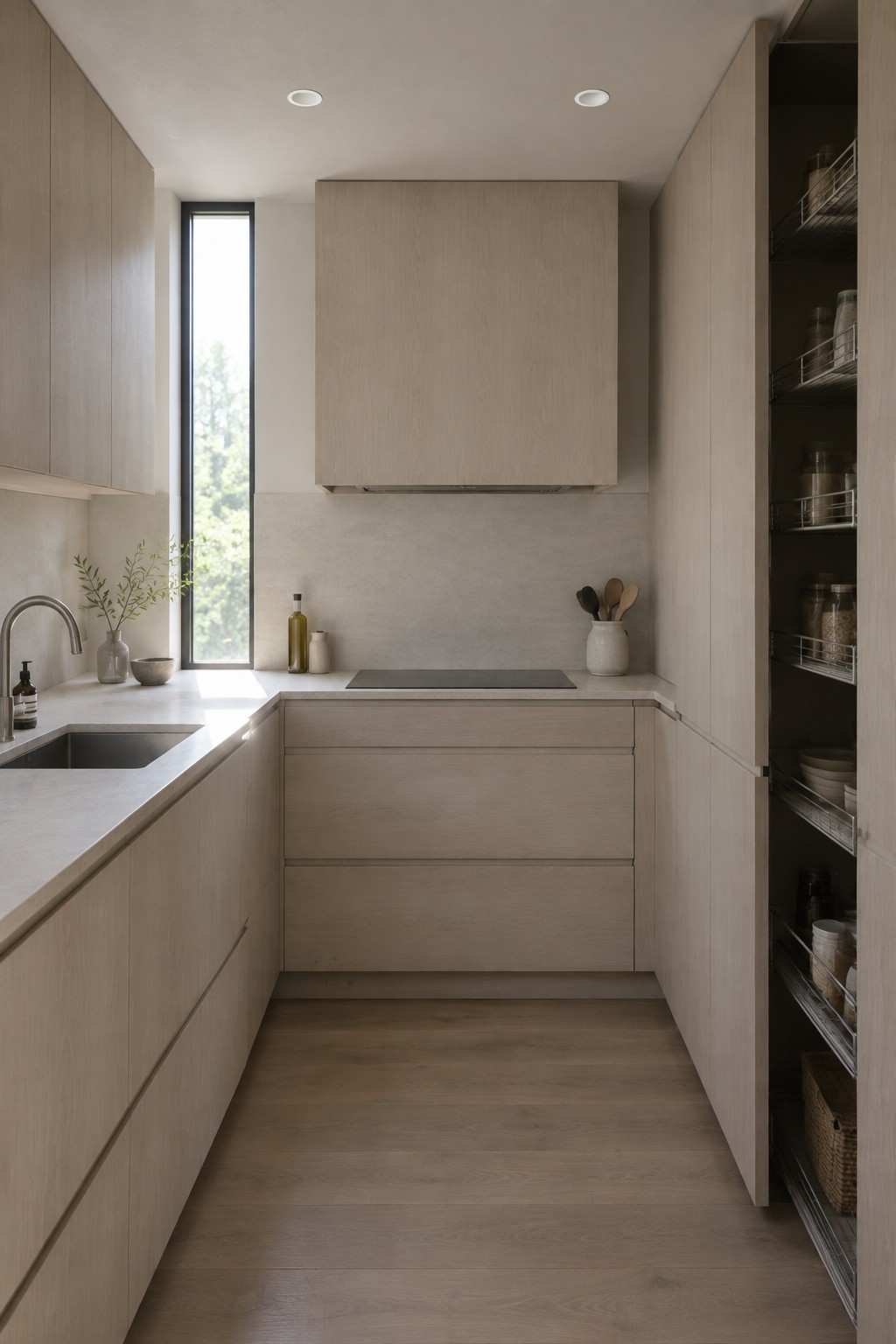 A modern U-shaped kitchen with light wood cabinetry on three walls, a sink on the left, and a tall open wire shelving unit on the right.